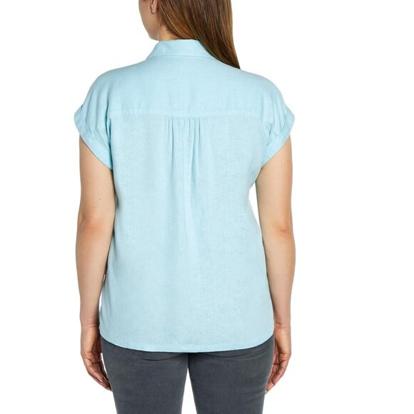 NEW Orvis Short Sleeve Rolled Cuffed Tacked Solid Front Linen Blend Shirt Top 10 - Picture 2 of 4